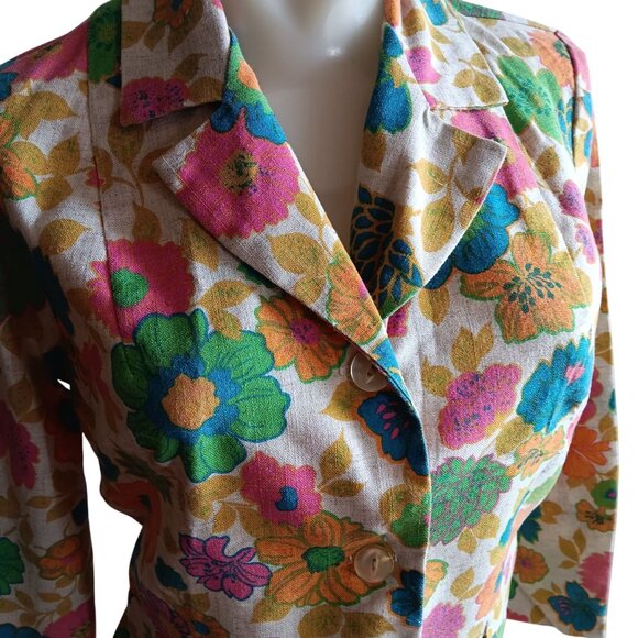 Women's Small Vintage Blazer Jacket 60's Beeline Fashions Floral Print Linen Mod - Picture 1 of 7